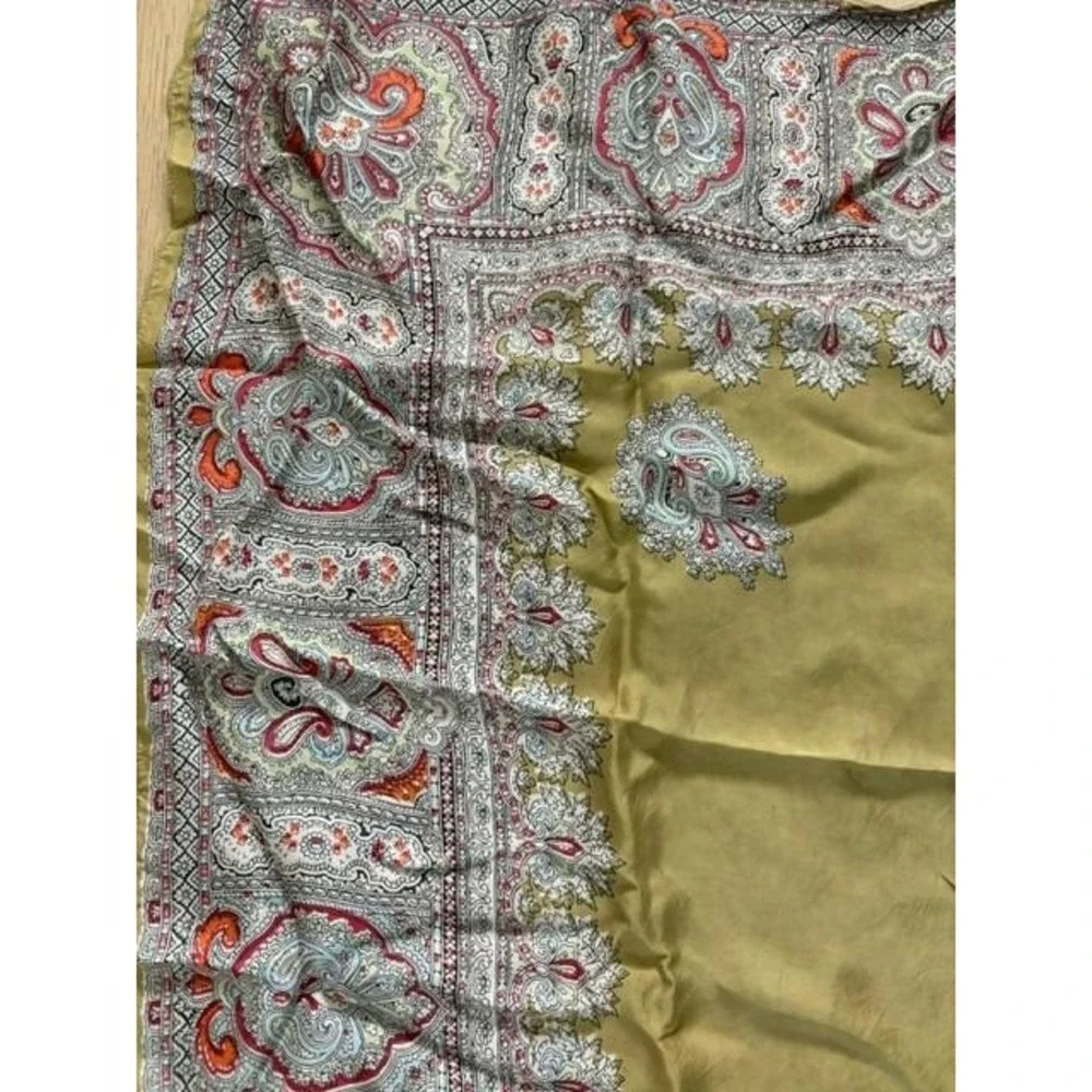 Vintage Paisley‎ Patterned Gold Green Scarf with Ornate Border